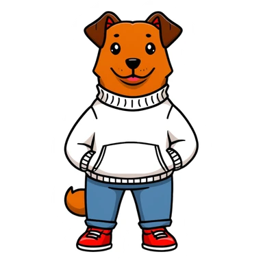 Brown dog standing upright with hands in jean pockets, wearing a white sweater and red shoes sticker