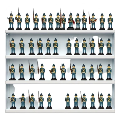 Icon for Miniature Collecting: a collection of finely detailed miniature items such as tiny colorful army of soldiers, ships and accessories, neatly displayed on a shelf or in a display case. The icon should convey the intricacy and charm of collecting miniature objects. Transparent background. sticker