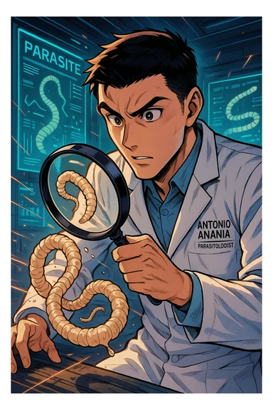 A dynamic manga/webtoon-style illustration of a young male kinesiologist wearing a clean white lab coat, analyzing light beige worms like a tapeworm under a magnifying glass. His expression is focused and slightly intrigued, with sharp, detailed eyes. The art style is vibrant, with bold linework, rich colors, and dramatic lighting. The background is a futuristic laboratory with glowing holographic screens displaying parasite data. The tapeworm is intricately drawn, slimy and segmented, with a slightly exaggerated yet realistic texture. The composition is dynamic, with motion lines or energy effects to emphasize his scientific investigation. The atmosphere is intense but not dark, keeping a balance between scientific seriousness and stylish manga aesthetics, he has "ANTONIO ANANIA" WRITTEN ON WHITE LAB COAT sticker