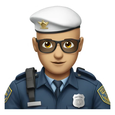 A WHITE Police man bald with blue uniform and cap with Big ANGEL WINGS sticker