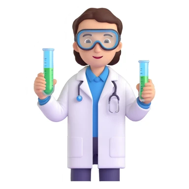 chemist in lab coat with chemical goggles holding a test tube, background with a board of chemical elements, 3D emoji style, no text sticker