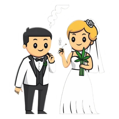 Person in fancy clothes sneaking into a wedding ceremony with a mischievous grin, uninvited guest, smoking cannabis sticker