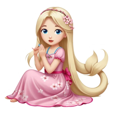 Turkish Girl with long blond hair with cherry blossom accessories on her hair with a long tailed cherry blossom dress on the ground and have blue eyes with beautiful finish and she sending lovely kisses  sticker