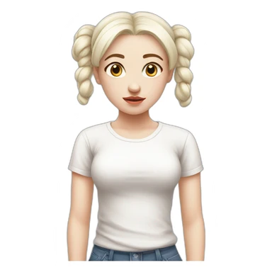 sad girl with pale skin and white hair in two buns, white t-shirt sticker