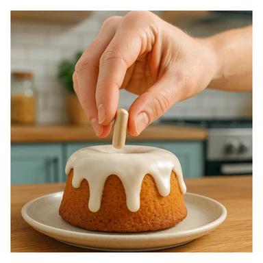 realistic style, hand positioning a dietary supplement capsule on a cake with glaze, cheerful atmosphere, detailed, modern kitchen sticker