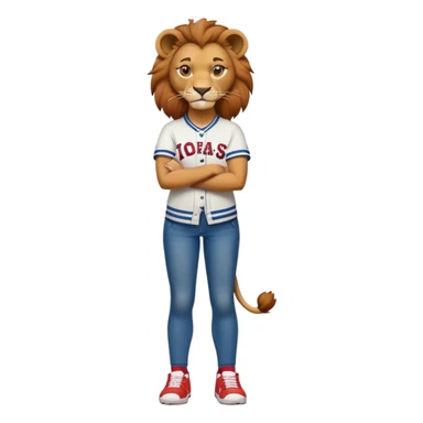 confident anthropomorphised female lion wearing a baseball shirt, jeans, trainers, standing with arms crossed, dominant pose sticker