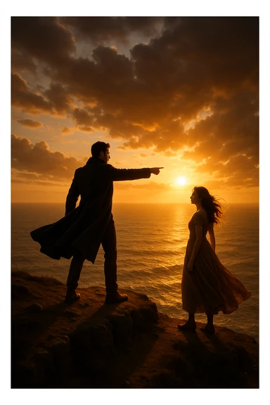 A cinematic scene of a man as a commander guiding a woman toward a bright future, standing on a cliff edge overlooking a vast ocean at sunset, with the man pointing forward while the woman looks at him, ready to follow his lead. The man wears a dark coat blowing in the wind, creating a heroic silhouette, while the woman wears a flowing dress, her hair catching the light. Warm, dramatic lighting with golden tones, emphasizing hope and leadership. Wide-angle shot capturing the epic scenery and emotional connection.
 sticker