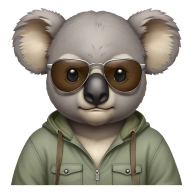 anthropomorphised koala, head and shoulders, casual clothing, dark sunglasses, grumpy expression sticker