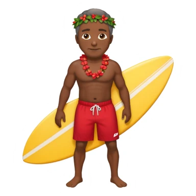 50 year old dark Hawaiian surfer with red shorts and a shell lei surfer  sticker