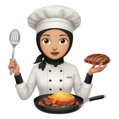 chef woman with black hijab cooking steak sticker