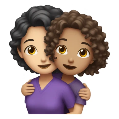 Asian girl and brunette curly hair girl hugging with purple shirts on sticker