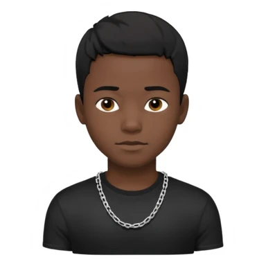 Generate a emoji of a black boy wearing a black compressed T-shirt with short black hair and make him wearing a silver chain and make the chain thin sticker