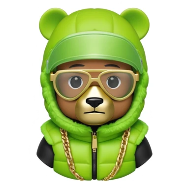geometric bearbrick in lime green balaclava with brand tags, eyes replaced by integrated single-piece visor lens built into mask itself, not as separate glasses, down jacket with fur hood, gold chains sticker