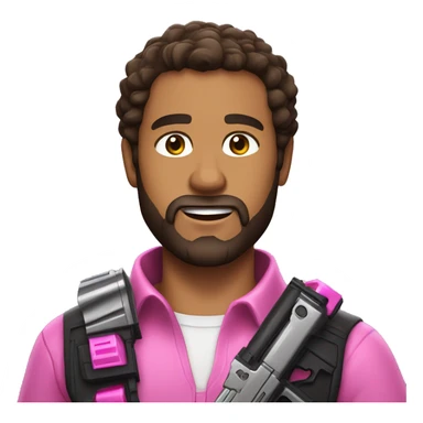 Lightly tanned man with dark brown hair, brown eyes, and a beard, holding a sparkly pink nerf gun sticker