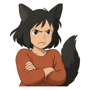 A girl with black fox ears and a tail, green eyes, dark hair, looking angry sticker