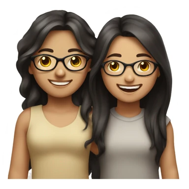An emoji of a brunette girl with long hair, joyfully holding hands with a black-haired girl wearing glasses, both smiling and expressing happiness sticker