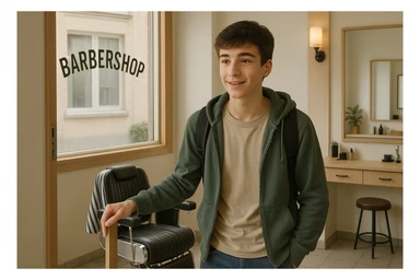 Sartaroshxonaga kirib kelayotgan o'smirin bola sartaroshxona eski ham emas yangi ham emas sticker