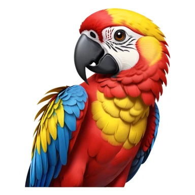 cinematic-macaw-realistic-full-body-standing-emoji,-vibrant-feathers-glowing-with-rich-reds,-blues,-and-yellows,-head-tilted-dramatically,-curved-black-beak-gleaming,-piercing-dark-eyes-exuding-confidence,-simplified-yet-realistic-focused sticker