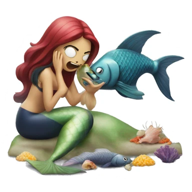 mermaid devouring fish while man watches sticker