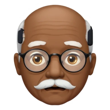 an elderly man with medium-dark skin tone, bald on top with short white hair at the sides, thick white eyebrows, large brown eyes, and wears black-framed glasses.
A small white beard sits above his mouth sticker