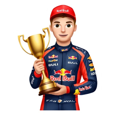 Max Verstappen celebrating with trophy, Red Bull racing suit, no text sticker