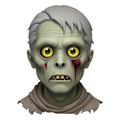 Cinematic Noble Zombie Portrait Emoji, Surprisingly dignified and somber, with a decaying yet strangely regal visage in ashen grays and muted tones, draped in tattered attire hinting at a lost grandeur, simplified yet meticulously detailed, glowing with a soft, eerie radiance and a gentle outline that evokes the tragic nobility of the undead! sticker