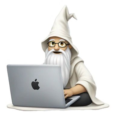 white-skinned Wizard sitting cross legged and doing deep work on a Macbook sticker