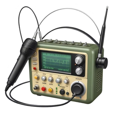 A photorealistic icon featuring a ham radio transceiver, headphones, microphone, antenna, radio equipment like soldering tools and cables, soldering iron in use. The design includes detailed textures and realistic lighting. Transparent background. sticker