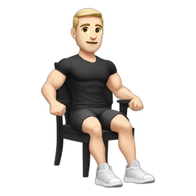 Pale skinned Fit Man With the biceps and dark brown hair in black shirt, gray sports shorts and white Sneakers Sitting on a chair sticker