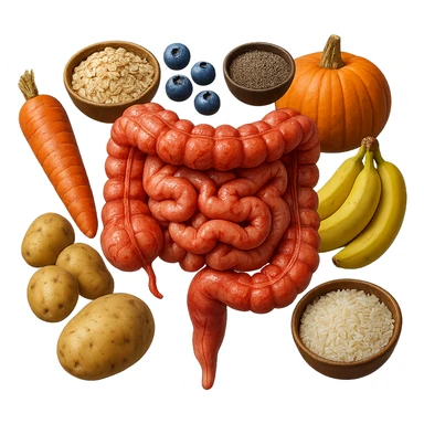 intestino umano anatomico infiammato con carota, bowl di avena, mirtilli, bowl di semi di chia, patate, banane, zucca, bowl di riso che gli fluttuano dietro, iperrealistico 4k sticker