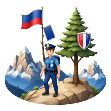 Adventurous man hiking with a police badge with mountains in the background. The French flag is on a tree sticker
