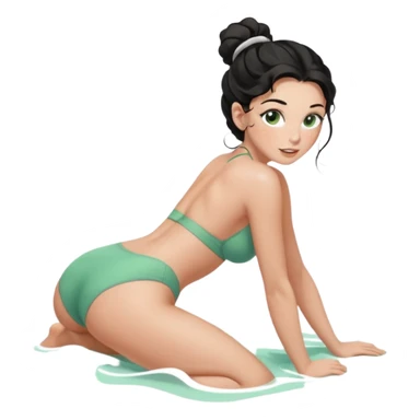 Fullbody nude very beautiful white young woman very beautiful face with freckles, green almond eyes long lashes, wavy  black hair in a bun i big boobs, big ass, sexy body,  bending over, getting ready for sex, realistic, big ass, busty but skinny, white socks on, and gray bikini but rest nude sticker