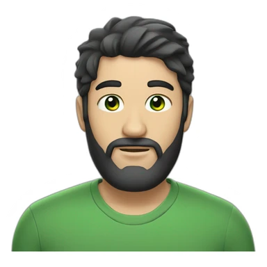 Man with black hair and beard, and green eyes, gray caps sticker