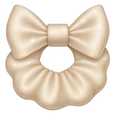 Add a shimmer effect to the small silky white scrunchie with a bow in the style of emoji (apple style emojis). Keep the shimmer subtle and delicate, enhancing the silky texture. Remove the background. sticker
