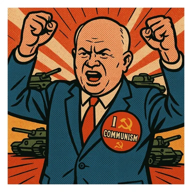 Soviet leader Khrushchev looking aggressive holding his fists in the air. He is wearing a blue suit with a large 'I love Communism' sticker on his chest.  In the background are soviet tanks. sticker