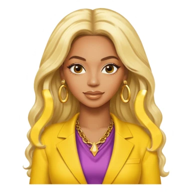 Beyonce with platinum blonde long hair, yellow outfit and earring sticker
