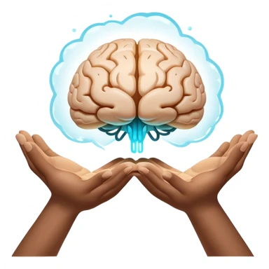 two hands gently holding a floating, glowing brain sticker