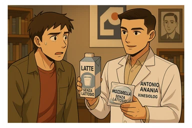 fai un webtoon manga a colori con questo stile, in cui un uomo ASCOLTA Il kinesiologo con il camice bianco (fagli anche la scritta "ANTONIO ANANIA" SUL CAMICE, IL KINESIOLOGO SPIEGA ALL'UOMO UNA MOSTRANDO VARI PRODOTTI DA SUPERMERCATO CONFEZIONATI (TIPO SCATOLA DI LATTE SENZA LATTOSIO, MOZZARELLA SENZA LATTOSIO), OGNI CONFEZIONE HA LA SCRITTA "SENZA LATTOSIO SULL'ETICHETTA. L'UOMO OSSERVA IL KINESIOLOGO CON ESPRESSIONE CONFUSA IN VOLTO. non fare i fumetti però, fai solo in modo che sembri stiano parlando sticker