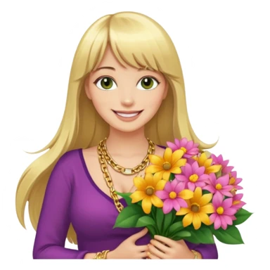 Long blonde haired with bangs, and big boobs smiling woman with hazel geen eyes, wearing gold chains,  holding a big bouquet of beautiful bright flowers  sticker