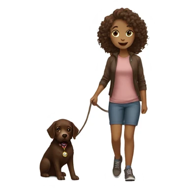 pretty girl with curly hair and she is walking a dog that is a chocolate lab sticker