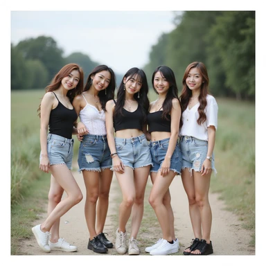 Blackpink, K-pop group, group pose, photorealistic, casual summer outfits, outdoor setting, relaxed and happy sticker
