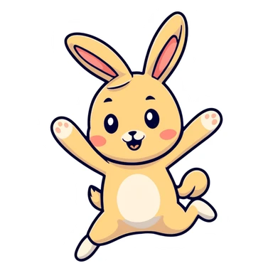 beige bunny jumping and making peace signs, cartoonish sticker style sticker
