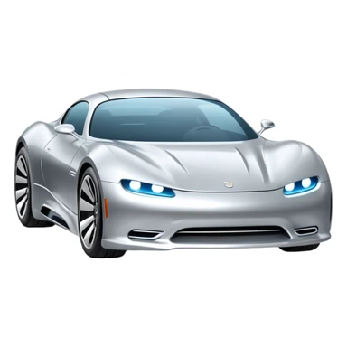 A low-profile futuristic car emoji made of polished silver chrome, wide body stance, smooth aerodynamic shape, glossy metallic surface, soft reflections, luxury swag aesthetic, minimal details, iOS emoji style, centered on clean white background, studio lighting sticker