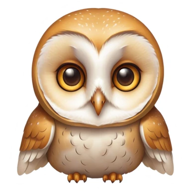 Cinematic Cute Barn Owl Portrait Emoji, Head tilted playfully and inquisitively, featuring a softly mottled Fur of white and brown with delicate feather patterns, round, sparkling amber eyes filled with curious wonder, Simplified yet irresistibly adorable features, highly detailed, glowing with a warm, friendly glow, high shine, affectionate and gentle, stylized with a touch of barnyard whimsy, bright and endearing, soft glowing outline, capturing the essence of a mischievous yet loving owl, so playful it feels like it could swoop out of the screen and into your arms! sticker
