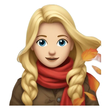 Blonde, blue-eyed girl in red scarf with falling leaves  sticker