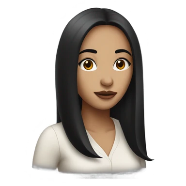 A beautiful woman with big lips, brown slanted eyes, long black straight hair and a small nose sticker