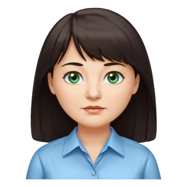 50 yr old woman, blue green eyes, long straight dark brown hair, business shirt, chubby, bangs sticker