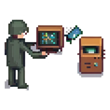 Stick figure throwing a tiny computer sticker