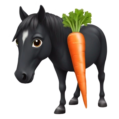 A tiny black horse eating a giant carrot sticker