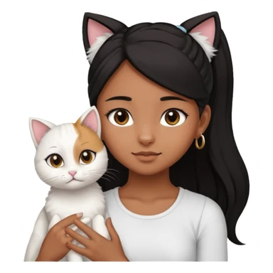 An brown skin Teenager girl with brown eyes, long black hair in a high ponytail, with a white crop top holding her white cat which has folded ears  sticker